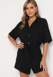 Czarny Muślinowy Kombinezon z Bawełny Wiązany w Talii z Guzikami Dlirena. Czarne sukienki damskie Born2be, na lato, uniwersalny, bez wzorów, z bawełny, eleganckie, bez kołnierzyka, bez ramiączek, mini. Za 129.99 zł.