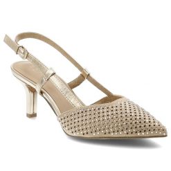 Sandały damskie Marco Tozzi, cholewka ze skóry ekologicznej z ażurowym wykończeniem i ozdobnymi zdobieniami, beżowe, 2-29667-46 940. Brązowe klapki damskie Marco Tozzi, z aplikacjami, ze skóry ekologicznej, bez obcasa, na obcasie, bez zapięcia. Za 179.90 zł.