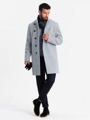 Płaszcz męski z wysokim kołnierzem i asymetrycznym zapięciem – szary melanż V1 OM-COWC-0120 - XXL. Szare płaszcze męskie Ombre Clothing, l, z aplikacjami, z materiału, eleganckie, długie, bez kaptura. Za 311.99 zł.