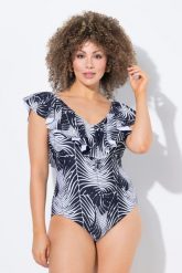 Damski Kostium kąpielowy wzór skóra węża miękkie miseczki falbana z recyklingu. Fioletowe kostiumy jednoczęściowe damskie Ulla Popken, plus size, bez wzorów, z elastanu, plus size, do pływania. Za 191.99 zł.