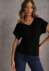 Czarny Wiskozowy T-shirt z Dekoltem V Eupharis. Czarne t-shirty damskie Renee, l, bez wzorów, z jeansu, eleganckie, bez kołnierzyka. Za 89.99 zł.
