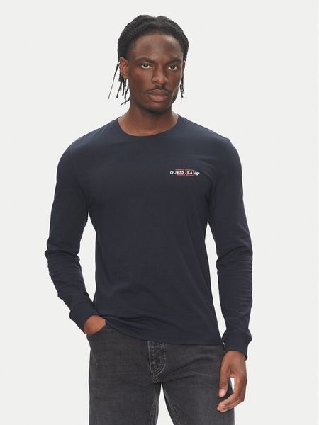 Guess Jeans Longsleeve M4YI54 K8HM0 Granatowy Regular Fit. Niebieskie bluzki z długim rękawem męskie Guess Jeans, m, z aplikacjami, z jeansu, bez kołnierzyka. Za 169.99 zł.