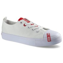 Trampki damskie Big Star, z materiałową cholewką wiązaniem na oczka gumowym noskiem i podwyższoną elastyczną podeszwą, białe, HH274675. Białe trampki i tenisówki damskie Big Star, bez wzorów, z gumy, retro, bez zapięcia. Za 77.50 zł.