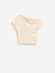 T-shirt z modalem - kremowy. Białe t-shirty damskie Reserved, l, bez wzorów, z dzianiny, bez kołnierzyka. Za 89.99 zł.
