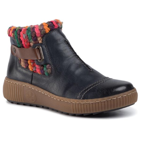 Botki Rieker. Niebieskie botki damskie Rieker, bez obcasa, na płaskiej podeszwie, bez zapięcia. Za 299.99 zł.