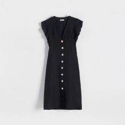 Sukienka midi z lnu - czarny. Czarne sukienki damskie Reserved, l, bez wzorów, z tkaniny, bez kołnierzyka, bez ramiączek, midi. W wyprzedaży za 49.99 zł.