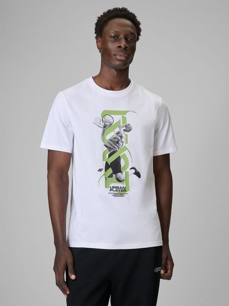 4F T-shirt regular z nadrukiem męski - biały L. Białe t-shirty męskie 4f, l, bez wzorów, z bawełny, klasyczne, bez kołnierzyka. W wyprzedaży za 69.99 zł.