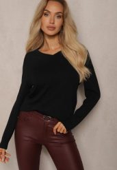 Czarny Minimalistyczny Sweter z Dekoltem w Kształcie Litery V Sinovae. Czarne swetry damskie Renee, m, bez wzorów, z jeansu, casualowe, bez kołnierzyka, bez ramiączek, bez kaptura. Za 44.99 zł.