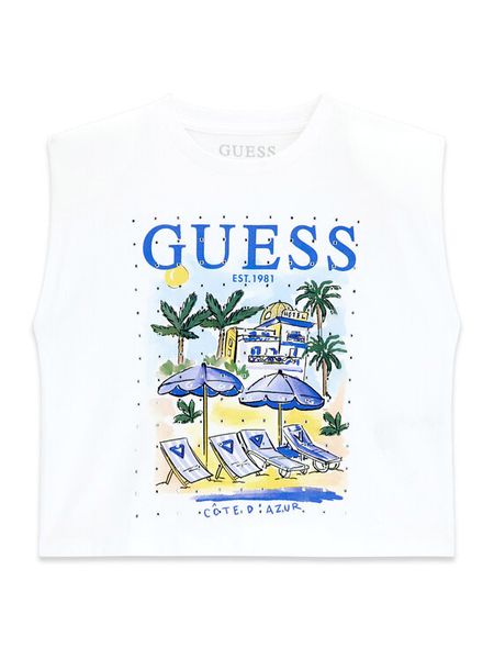 Guess Top J6GI12 K8HM4 Biały Regular Fit. Białe t-shirty i topy dla dziewczynek Guess, z aplikacjami, z bawełny, bez ramiączek. Za 83.99 zł.