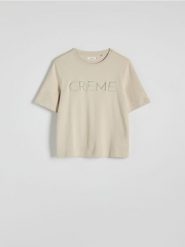 T-shirt regular z haftem - beżowy. Brązowe t-shirty damskie Reserved, l, bez wzorów, z bawełny, bez kołnierzyka. W wyprzedaży za 29.99 zł.