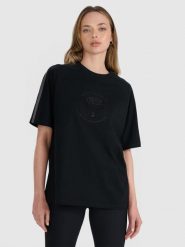 T-shirt oversize z nadrukiem damski 4F 4FRSS25TTSHF2791. Czarne t-shirty damskie 4f, s, bez wzorów, z bawełny, klasyczne, bez kołnierzyka. Za 57.99 zł.