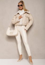 Białe Legginsy High Waist z Imitacji Skóry z Gumką w Pasie Ozdobione Guzikami Sinairis. Białe legginsy damskie Renee, l, bez wzorów, z jeansu. Za 59.99 zł.