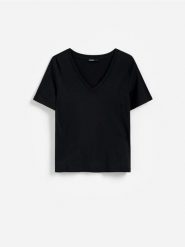 T-shirt z modalem - czarny. Czarne t-shirty damskie Reserved, l, bez wzorów, z dzianiny, bez kołnierzyka. Za 89.99 zł.