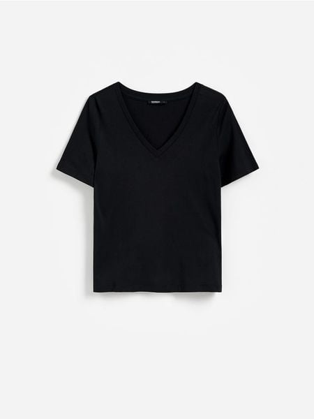 T-shirt z modalem - czarny. Czarne t-shirty damskie Reserved, l, bez wzorów, z dzianiny, bez kołnierzyka. Za 89.99 zł.