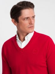 Ombre Sweter męski z dekoltem "w serek" z koszulowym kołnierzykiem - czerwony V4 OM-SWSW-0102 M. Czerwone swetry przez głowę męskie Ombre, m, bez wzorów, bez kołnierzyka. Za 129.99 zł.