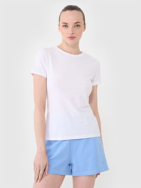 4F T-shirt slim gładki damski - biały XL. Białe koszulki sportowe damskie 4f, xl, bez wzorów, z bawełny, bez kołnierzyka, bez ramiączek. Za 39.99 zł.