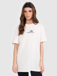 4F T-shirt oversize z nadrukiem damski - beżowy L. Brązowe t-shirty damskie 4f, l, bez wzorów, z dzianiny, bez kołnierzyka. Za 79.99 zł.