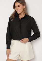 Czarna Bawełniana Koszula w Klasycznym Stylu Naliarae. Czarne bluzki damskie Born2be, l, bez wzorów, z bawełny, eleganckie, bez kołnierzyka, bez ramiączek. Za 109.99 zł.