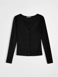 Prążkowana bluzka z wiskozy - czarny. Czarne bluzki damskie Sinsay, l, bez wzorów, prążkowane, bez kołnierzyka, bez ramiączek. Za 35.99 zł.