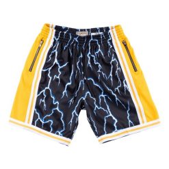 Krótki Los Angeles Lakers nba lightning. Czarne krótkie spodenki sportowe męskie Mitchell & Ness, bez wzorów, do koszykówki. Za 377.50 zł.
