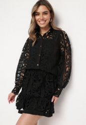 Czarny Komplet Koszula i Spódniczka Mini z Ozdobną Koronką Nastia. Czarne koszule damskie Born2be, s, w ażurowe wzory, z koronki, eleganckie, mini, koszulowe. Za 99.99 zł.