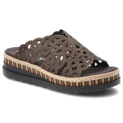 Klapki damskie Rieker, cholewka ze skóry ekologicznej ozdobne dżety fason na solidnej podeszwie, brązowe, V7992-24. Brązowe klapki damskie Rieker, bez wzorów, ze skóry ekologicznej, bez obcasa, na koturnie. Za 319.00 zł.