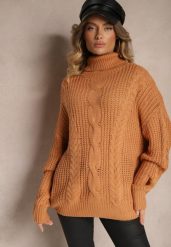 Brązowy Golf z Wiskozą w Stylu Oversize z Ozdobnym Splotem Korremi. Brązowe swetry damskie Renee, m, bez wzorów, z wiskozy, eleganckie, bez kołnierzyka, bez ramiączek, długie, bez kaptura. Za 79.99 zł.
