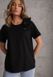 Czarny Bawełniany T-shirt o Klasycznym Kroju z Kwiatowymi Aplikacjami 3D Morgane. Czarne bluzki damskie Renee, l, z aplikacjami, z bawełny, biznesowe, bez kołnierzyka, bez ramiączek. Za 59.99 zł.