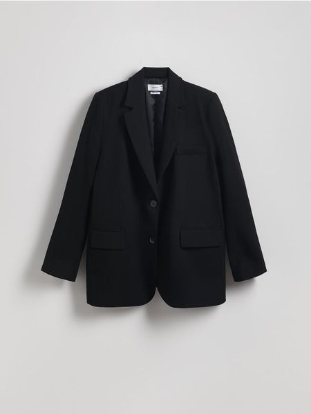 Jednorzędowa marynarka oversize - czarny. Czarne żakiety damskie Reserved, l, bez wzorów, z tkaniny. W wyprzedaży za 159.99 zł.