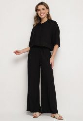 Czarny Wiskozowy Komplet Oversize Koszula z Krótkim Rękawem i Spodnie Dovilissea. Czarne koszule damskie Born2be, m, bez wzorów, z wiskozy, eleganckie, bez kołnierzyka, bez ramiączek. Za 119.99 zł.