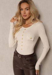 Jasnobeżowy Sweter z Bawełną z Prążkowanego Materiału Ozdobiony Kieszeniami i Guzikami Aprinevia. Brązowe swetry damskie Renee, bez wzorów, z bawełny, casualowe, bez kołnierzyka, bez ramiączek, bez kaptura. Za 59.99 zł.