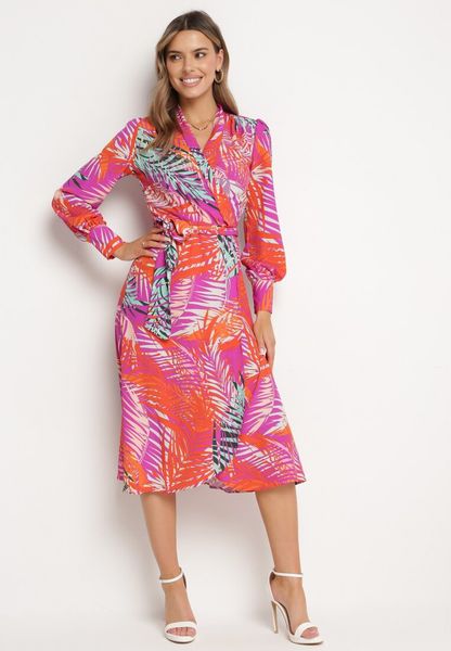 Fioletowo-Pomarańczowa Kopertowa Sukienka z Rozkloszowanym Dołem Wiązana Paskiem Ehope. Fioletowe sukienki damskie Born2be, na co dzień, l, bez wzorów, eleganckie, bez kołnierzyka, bez ramiączek, midi, kopertowe. Za 84.99 zł.