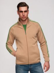 Bluza męska rozpinana z kontrastowymi lampasami i wysoką stójką – brązowa V1 - Rozmiar: XL. Brązowe bluzy sportowe męskie Ombre Clothing, m, bez wzorów, z bawełny, bez kaptura, na fitness i siłownię. Za 209.99 zł.