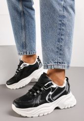 Czarne Sneakersy z Przeszyciami i Wstawkami z Metalicznej Ekoskóry Tineal. Czarne obuwie sportowe damskie Renee, bez wzorów. Za 99.99 zł.