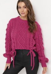 Fuksjowy Klasyczny Sweter ze Ściągaczami i Ozdobnym Sznurowaniem Nabira. Czerwone swetry damskie Born2be, bez wzorów, klasyczne, bez kołnierzyka, bez ramiączek, bez kaptura. Za 129.99 zł.
