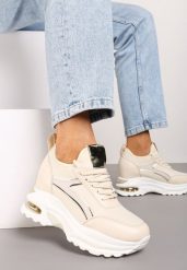 Beżowe Sneakersy na Koturnie Ozdobione Metalicznym Wykończeniem Vliraya. Brązowe obuwie sportowe damskie Renee, bez wzorów, z jeansu. Za 129.99 zł.