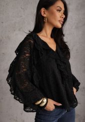 Czarna Koronkowa Bluzka z Falbankami Sewrana. Czarne bluzki damskie Renee, l, bez wzorów, z futra, eleganckie, bez kołnierzyka, bez ramiączek. Za 149.99 zł.