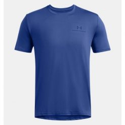 Koszulka fitness męska Under Armour t-shirt sportowy z krótkim rękawem. Niebieskie koszulki sportowe męskie Under Armour, m, bez wzorów, bez kołnierzyka, bez ramiączek, na fitness i siłownię. Za 184.80 zł.