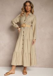Beżowa Wiskozowa Sukienka o Koszulowym Kroju z Paskiem z Klamrą Feluriela. Brązowe sukienki damskie Renee, na co dzień, l, bez wzorów, z wiskozy, eleganckie, bez kołnierzyka, bez ramiączek, maxi, kopertowe. Za 79.99 zł.