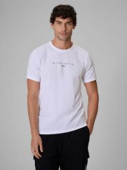 4F T-shirt slim z nadrukiem męski - biały L. Białe t-shirty męskie 4f, l, bez wzorów, z bawełny, biznesowe, bez kołnierzyka. Za 69.99 zł.