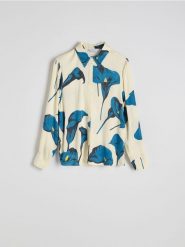 Koszula w kwiatowy wzór - wielobarwny. Koszule damskie Reserved, l, bez wzorów, z tkaniny, bez kołnierzyka, bez ramiączek. W wyprzedaży za 49.99 zł.