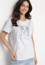 Jasnoszary T-shirt z Bawełny Ozdobiony Napisem i Cyrkoniami Olireth. Szare bluzki damskie Born2be, l, bez wzorów, z bawełny, eleganckie, bez kołnierzyka. Za 34.99 zł.