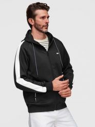 Męska rozpinana bluza z kapturem i lampasami - czarna V1. Czarne bluzy sportowe męskie Ombre Clothing, m, z aplikacjami, z dzianiny, z kapturem. Za 189.99 zł.