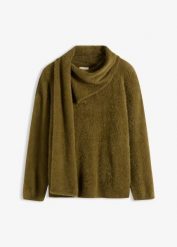 Sweter oversize z szalem. Zielone swetry damskie bonprix, bez wzorów, bez kołnierzyka, bez ramiączek, bez kaptura. Za 114.99 zł.