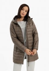 Lekki pikowany płaszcz J-SALAMA. Brązowe płaszcze damskie Volcano, na jesień, plus size, bez wzorów, z materiału, plus size, z kapturem. Za 299.99 zł.