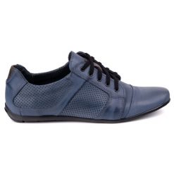 Męskie półbuty skórzane sznurowane POLBUT C34P perforowane casual granatowe niebieskie. Niebieskie półbuty na co dzień męskie z jeansu, biznesowe, bez zapięcia. Za 319.69 zł.