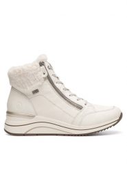 Remonte Trzewiki D0T77-80 Biały. Białe botki damskie Remonte, ze skóry, bez obcasa, na koturnie, bez zapięcia. Za 367.00 zł.