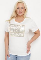 Biały Bawełniany T-shirt z Ozdobnym Napisem Floerin. Białe bluzki damskie Born2be, xl, z aplikacjami, z bawełny, eleganckie, bez kołnierzyka. Za 34.99 zł.