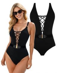 Strój kąpielowy damski plażowy jednoczęściowy na basen rekreacyjny Self Palm. Czarne kostiumy jednoczęściowe damskie SELF HEAT, l, bez wzorów, z materiału, eleganckie, do pływania. Za 241.98 zł.