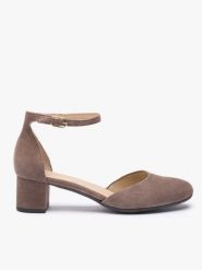 Szarobrązowe czółenka ze skóry welurowej. Szare czółenka damskie Ryłko, bez wzorów, ze skóry, eleganckie, z okrągłym noskiem, bez obcasa, na obcasie, bez zapięcia. Za 399.99 zł.